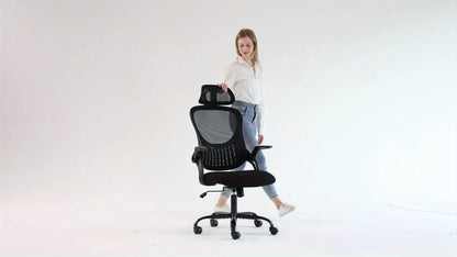 Ergonomic High-Back Mesh Office Chair with Flip-Up Arms Adjustable Headrest Lumbar Support & Wheels - Rolling Computer Desk Chair for Home Office Bedroom Study Pink Grey Black