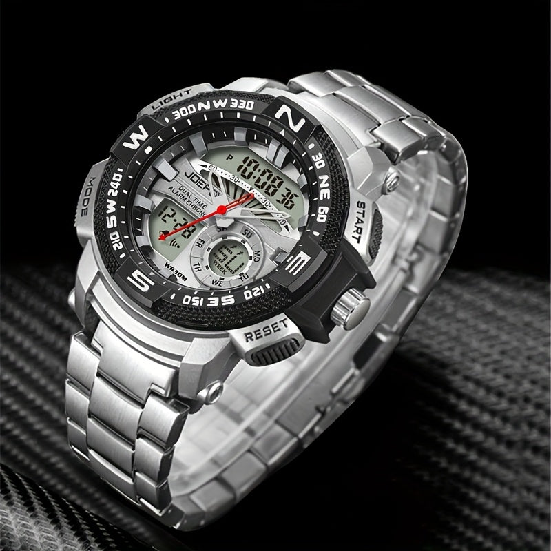 Men's Dual Display Sport Watch – Large Face LED Night Light, 3ATM Waterproof, Chronograph, Alarm & Calendar, Field Style Wristwatch in Gold & Silver