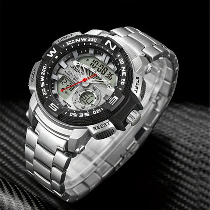 Men's Dual Display Sport Watch – Large Face LED Night Light, 3ATM Waterproof, Chronograph, Alarm & Calendar, Field Style Wristwatch in Gold & Silver