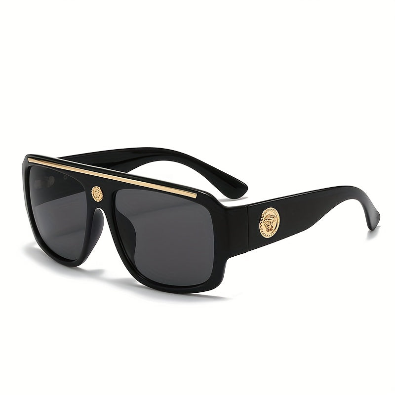 Cyberpunk Oversized Square Sunglasses for Men – Extra Large Frame 139mm+, Black & Gold Metal Trim, Decorative Lens, Futuristic Street Fashion & Cosplay Eyewear