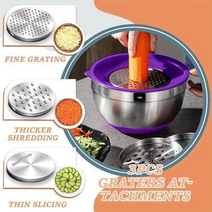 26-Piece Stainless Steel Mixing Bowls Set with Airtight Lids 3 Grater Attachments Non-Slip Bottoms 6 Sizes 7 4 2.5 2.0 1.5 1QT for Mixing Serving Baking Kitchen