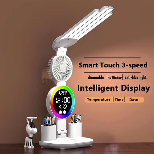 Smart Touch LED Desk Lamp with USB Port Dual-Head Dimmable Color-Changing Reading Light with Built-In Fan and Night Light Eye-Friendly for Home Office Dorm Study No Battery Required