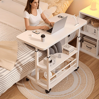 3-Tier Rolling Folding Desk with Wheels Height Adjustable Expandable Desktop Storage Shelf for Laptop Study Home Office Bedroom Living Room Computer Table