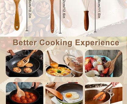 Wooden Kitchen Utensils Set 3/5/7 Piece, Natural Wood Spoons Spatulas Spurtle Ladle & Wok Spatula with Ergonomic Handles, Heat-Resistant Non-Stick Safe Heavy-Duty Cooking Tools for Home Kitchen