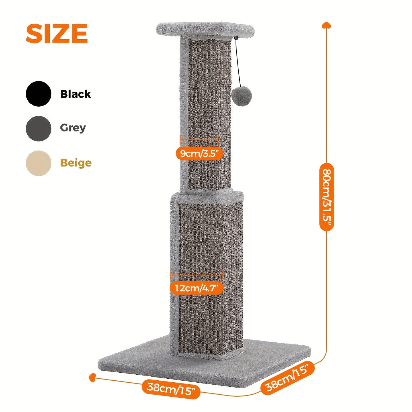 Cat Tree Tower Multi-Tier Sisal Scratching Post with Hanging Toys for Indoor Cats, Sturdy Cat Climbing Tower Activity Center for Energetic Cats, Available in Grey and Black
