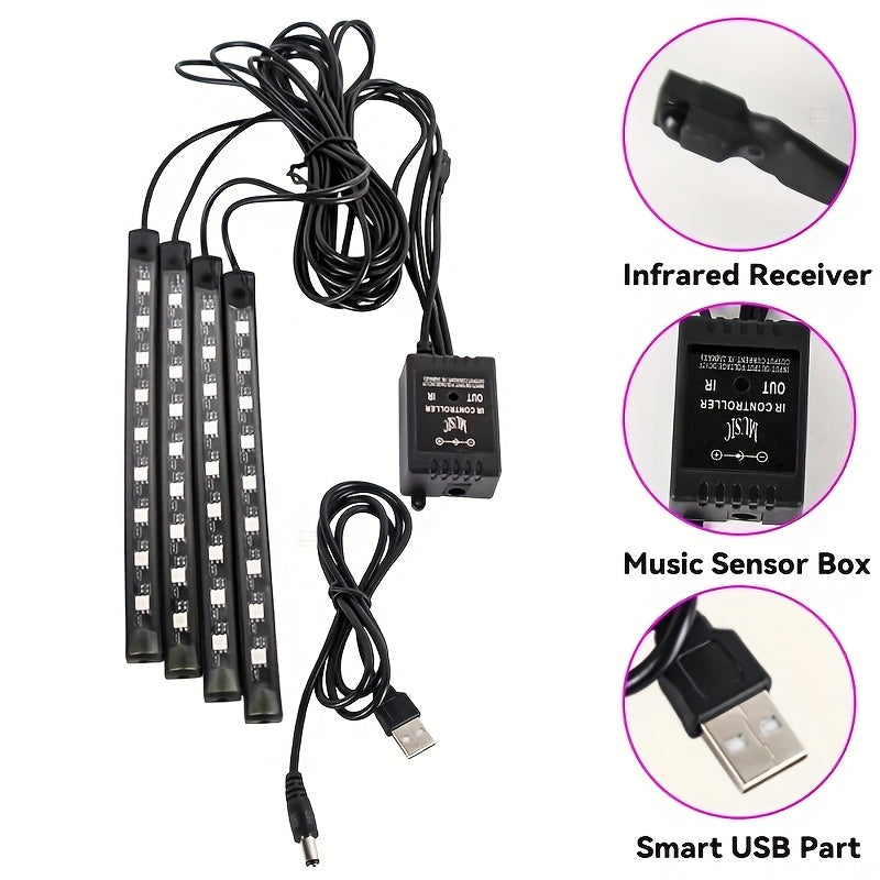 Car LED Neon Interior Light Strips USB Powered – High Brightness Automotive Ambient Lighting Kit, Foot Well Neon Accent Lights, Interior Mood Lights