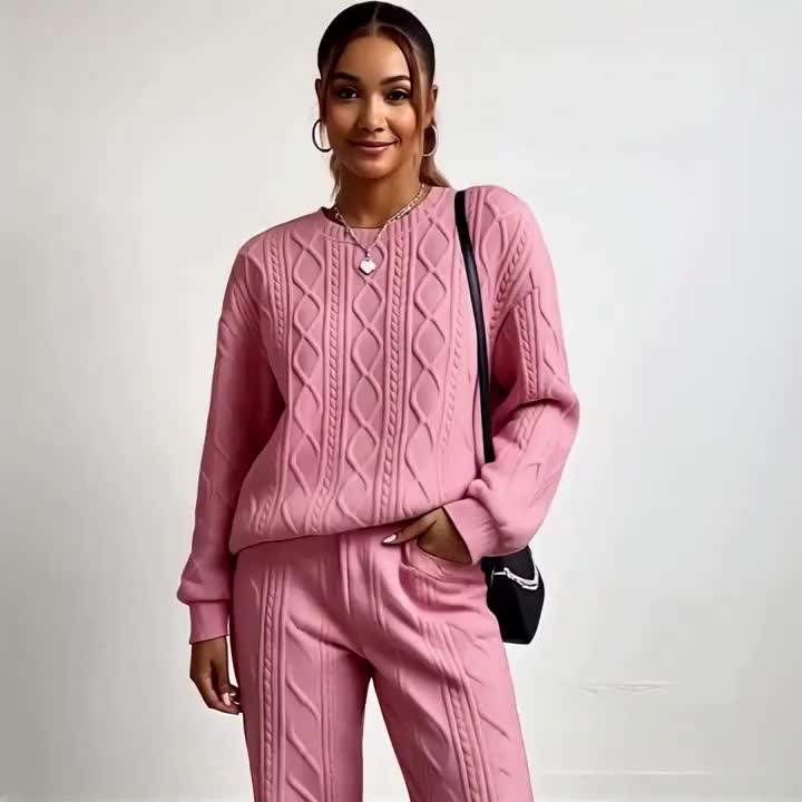 Women's 2-Piece Pullover Sweatsuit Set – Textured Jacquard Crewneck Long Sleeve Top & Sweatpants Tracksuit Breathable Casual Loungewear for Spring Summer S-XXL
