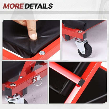 36 Inch Heavy Duty 3-in-1 Folding Mechanic Creeper with Adjustable Z-Seat - 6 Lockable Swivel Casters, 350-650 Lb Capacity, Vinyl Padded Seat & Headrest, Professional Automotive Repair Crawler