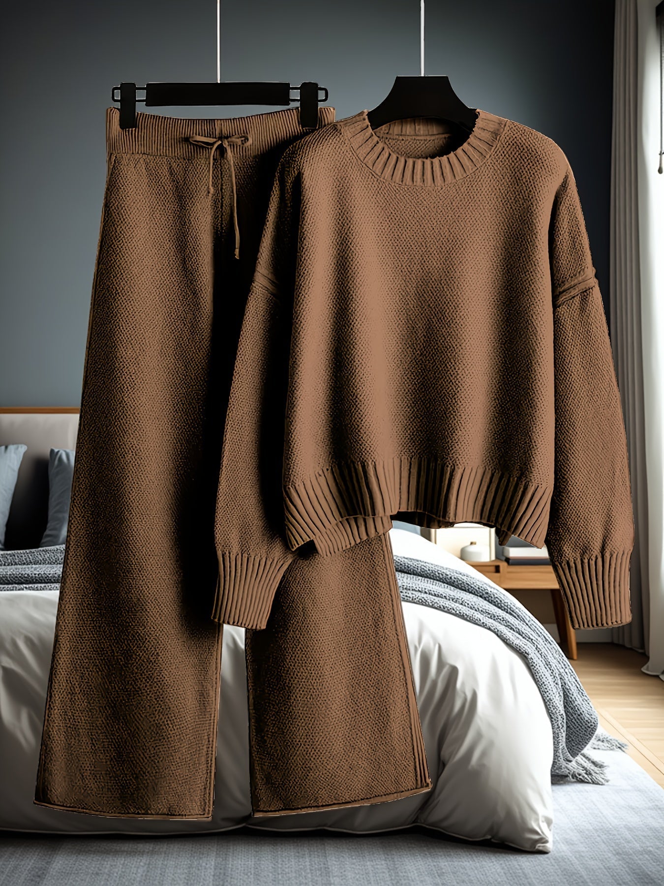 Women's Loose Knit Two-Piece Set – Round Neck Drop Shoulder Sweater & High Waist Wide Leg Drawstring Pants, Retro Casual Cozy Outfit, 10 Colors, Sizes S-XXL
