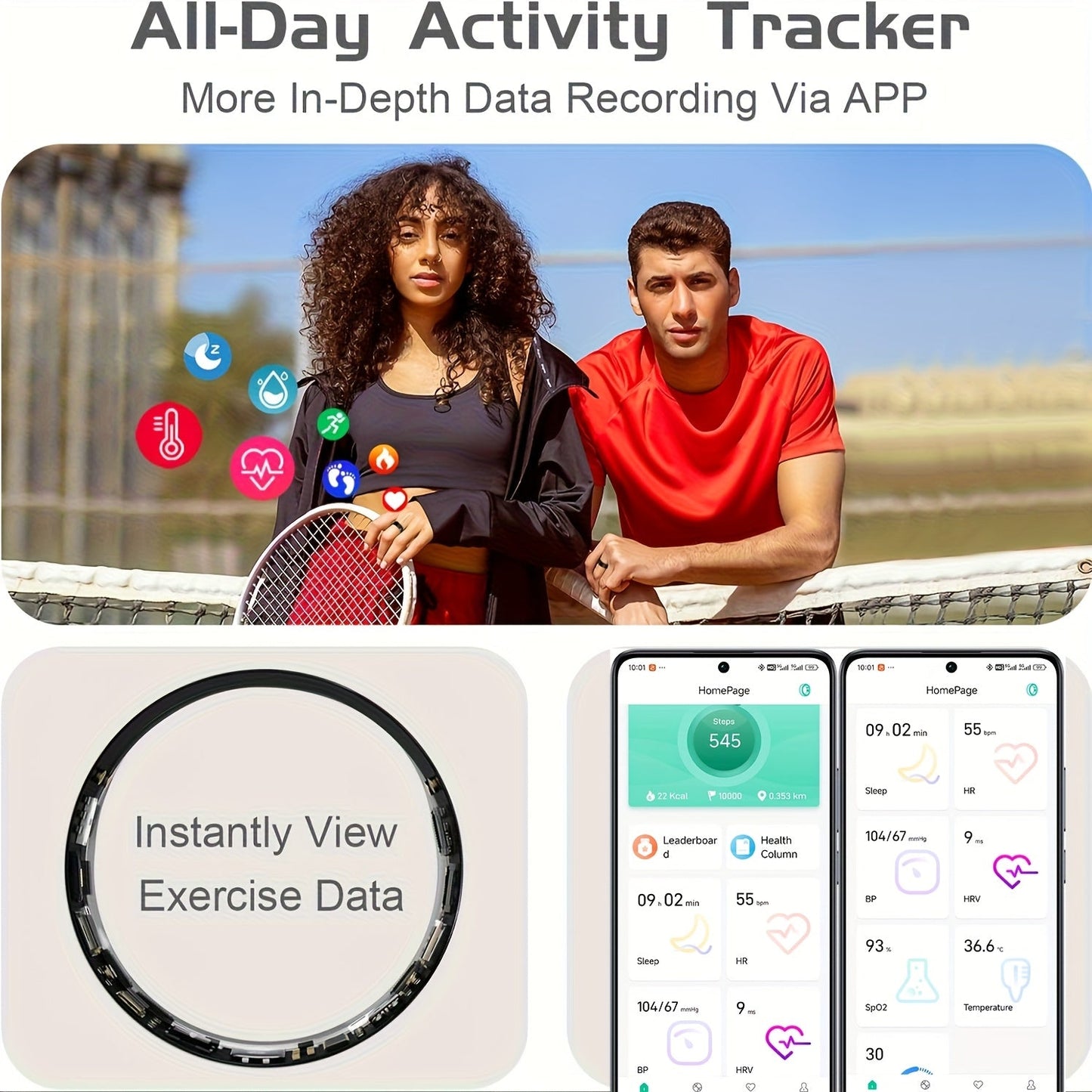 Smart Ring Sleep Tracker Heart Rate Monitor Fitness Wearable, Titanium Alloy Body Bluetooth 5.3, Step Counter Pedometer Distance Tracking, Magnetic Charging, Compatible with iPhone & Android – Black Rose Gold Silver