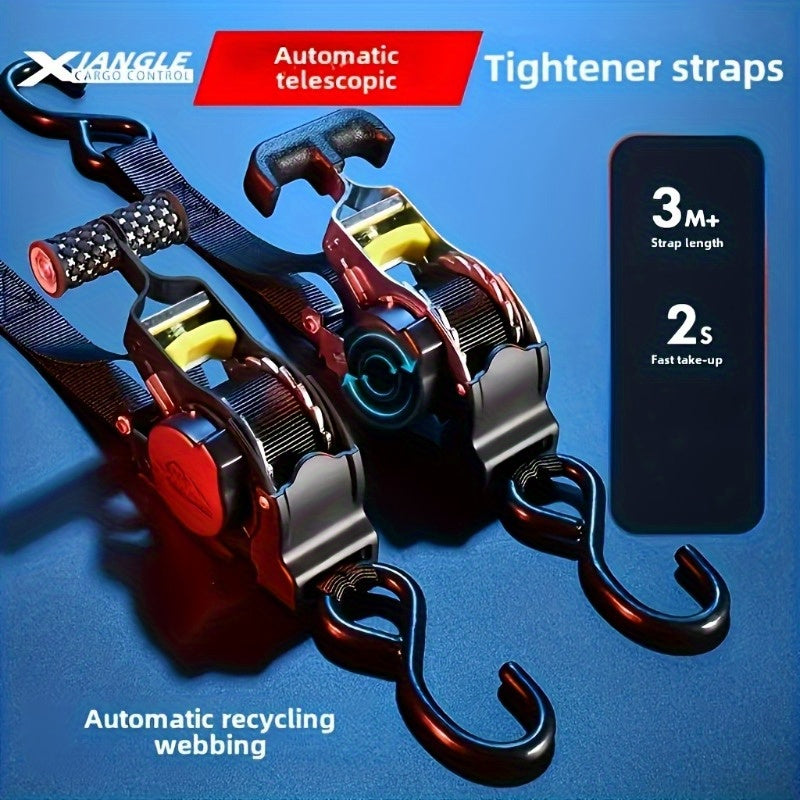 Heavy Duty Auto Self-Retracting Ratchet Tie Down Straps 2-Pack – 10 Ft Cargo Straps for Truck, Trailer, Motorcycle & Moving, Independence Day & Men’s Gift