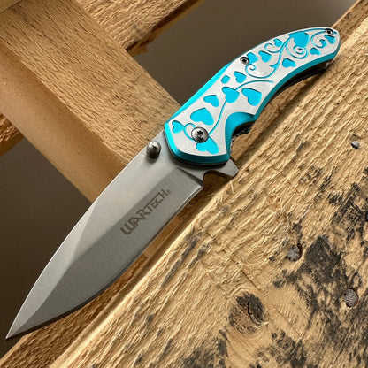 Folding Pocket Knife 7 Inch Hearts Engraved – 3Cr13 Steel Blade EDC Knife Aluminum Heart Handle Belt Clip Donut Accent, Stylish Everyday Carry for Camping Hiking Collecting Gift, Rosy Pink Red Lavender Blue Rose