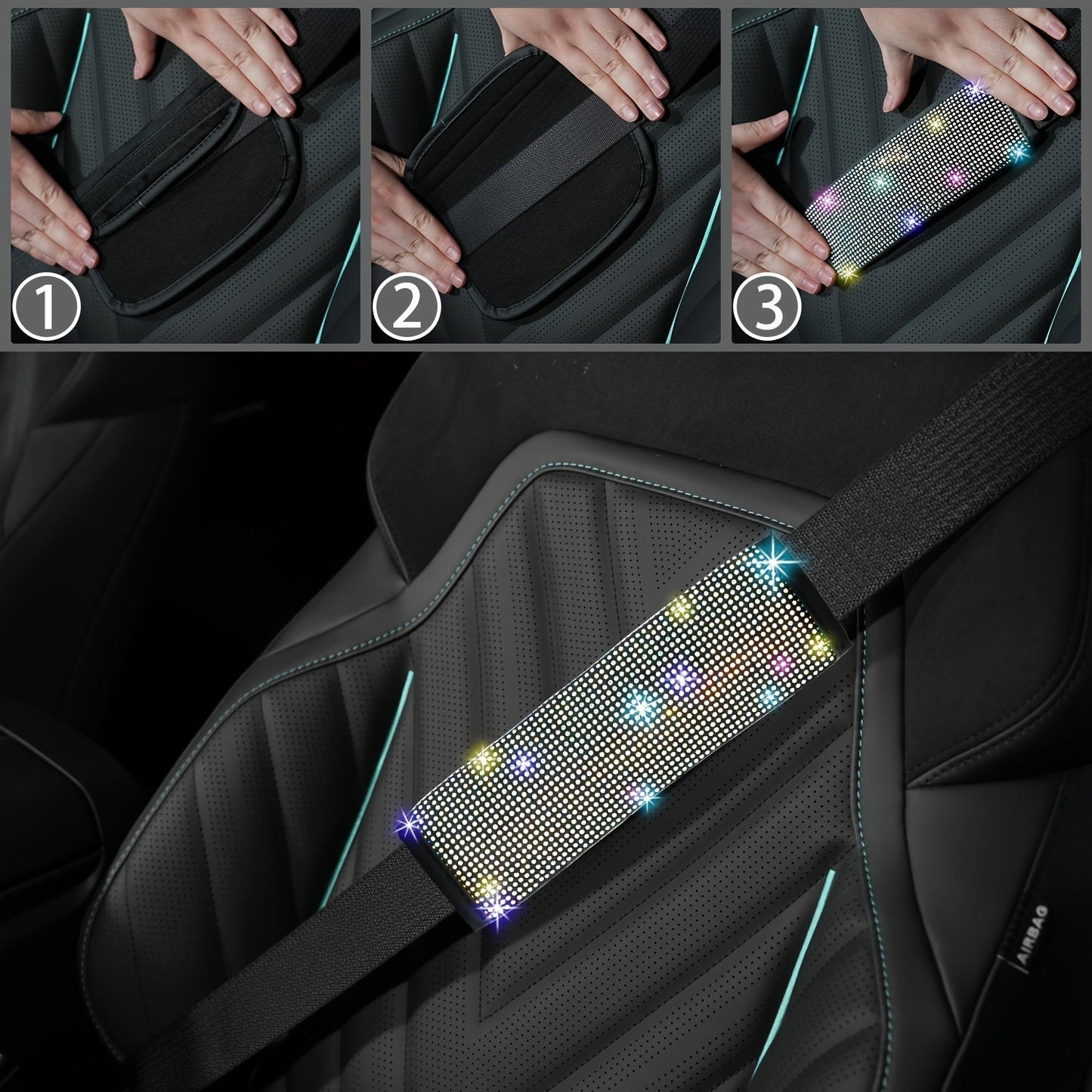 8pc Rhinestone Bling Car Accessories Set for Women – Steering Wheel Cover, Coasters, Seatbelt Pads, Starter Rings & Shift Knob Cover, 7 Colors, Sparkly Glitter Interior Kit