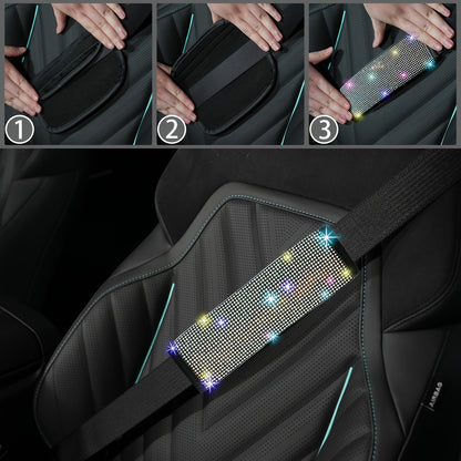 8pc Rhinestone Bling Car Accessories Set for Women – Steering Wheel Cover, Coasters, Seatbelt Pads, Starter Rings & Shift Knob Cover, 7 Colors, Sparkly Glitter Interior Kit