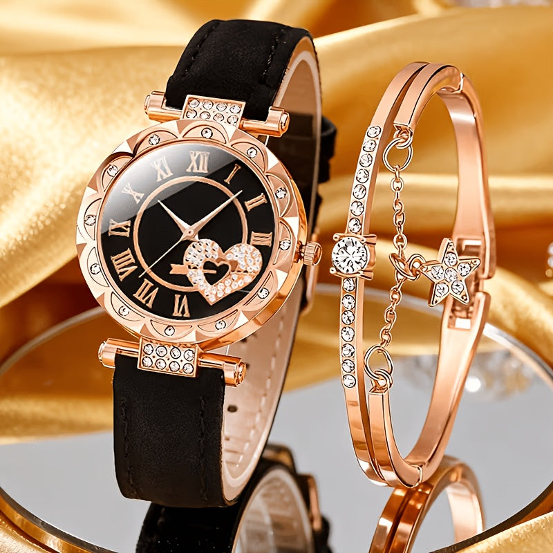 Rhinestone Heart Watch Set for Women – 2 Quartz Watches with Faux Leather Strap, Rose Gold & Pink Bracelet Wristwatch Gift Set for Valentine's Day, Birthdays & Parties
