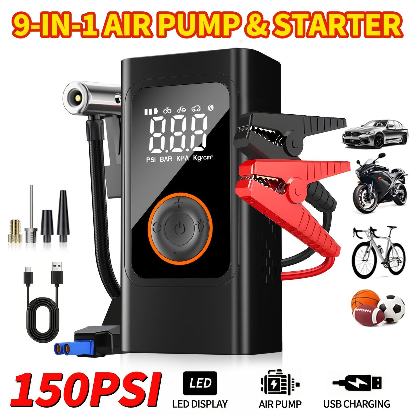 Portable Tire Inflator 150PSI Cordless Air Compressor | 6000mAh Battery, 3X Fast Inflation, LCD Pressure Gauge, Auto Shutoff, LED Light, USB-C – For Cars, Motorcycles, Bicycles & Balls