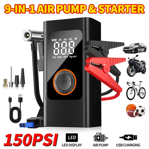 Portable Tire Inflator 150PSI Cordless Air Compressor | 6000mAh Battery, 3X Fast Inflation, LCD Pressure Gauge, Auto Shutoff, LED Light, USB-C – For Cars, Motorcycles, Bicycles & Balls