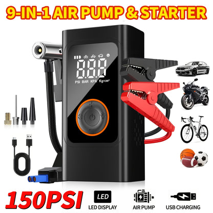 Portable Tire Inflator 150PSI Cordless Air Compressor | 6000mAh Battery, 3X Fast Inflation, LCD Pressure Gauge, Auto Shutoff, LED Light, USB-C – For Cars, Motorcycles, Bicycles & Balls
