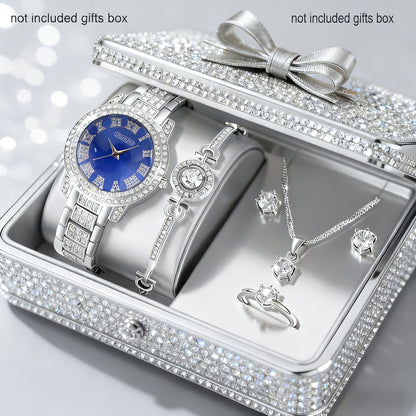 Women's Watch & Jewelry Set 6 Pieces - Elegant Ladies Watch with Bracelet Necklace Earrings & Ring, Luxury Fashion Jewelry Set for Women, Valentine's Day Birthday Anniversary Gift