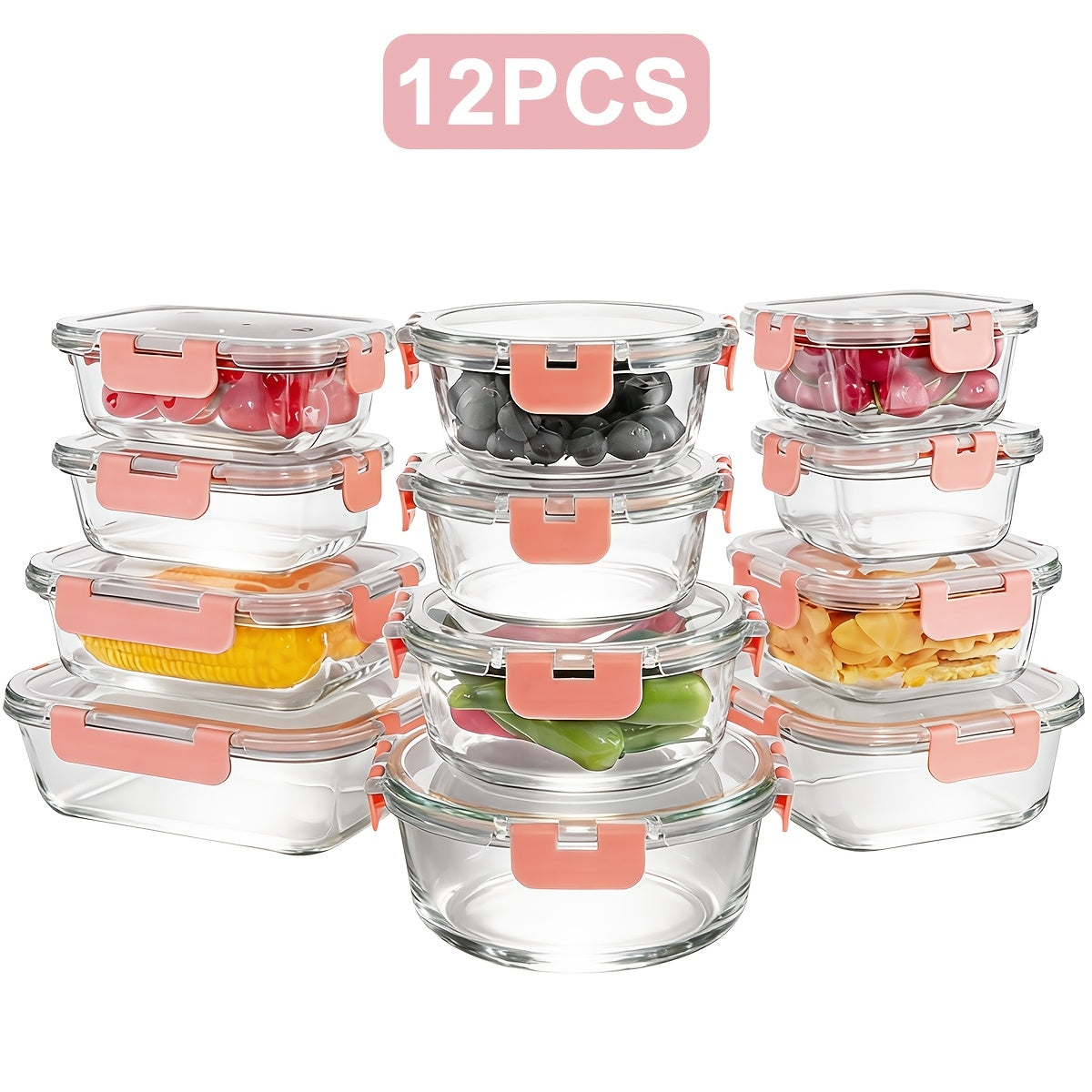 Glass Food Storage Containers with Lids 12-Piece Set, Airtight Leak-Proof Meal Prep Containers, Thickened Glass Lunch Bento Boxes Safe for Microwave Oven Freezer Dishwasher, Kitchen Pantry Organizer