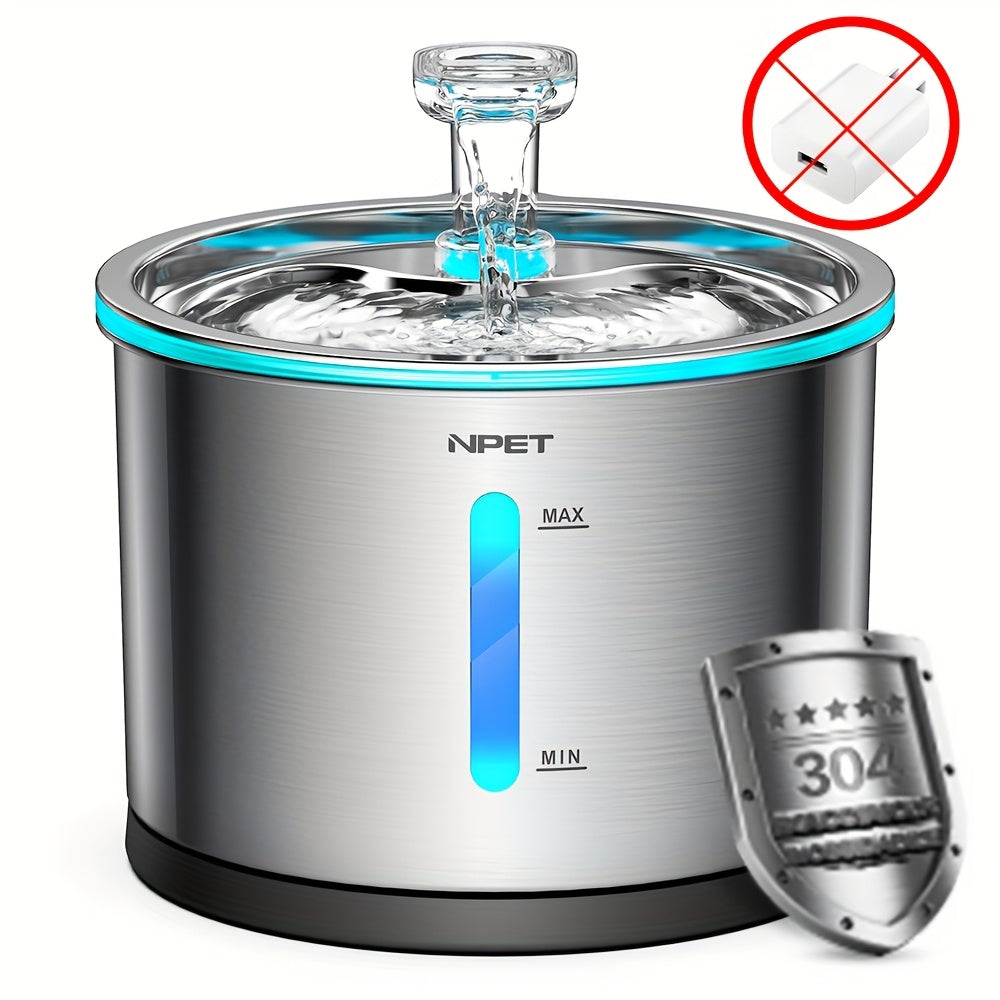NPET WF210 Stainless Steel Cat Water Fountain 50oz – Ultra Quiet Automatic Pet Water Dispenser with LED Light, Visible Water Window & Dishwasher Safe 304 Steel, Optional Filter Bundles for Cats Dogs