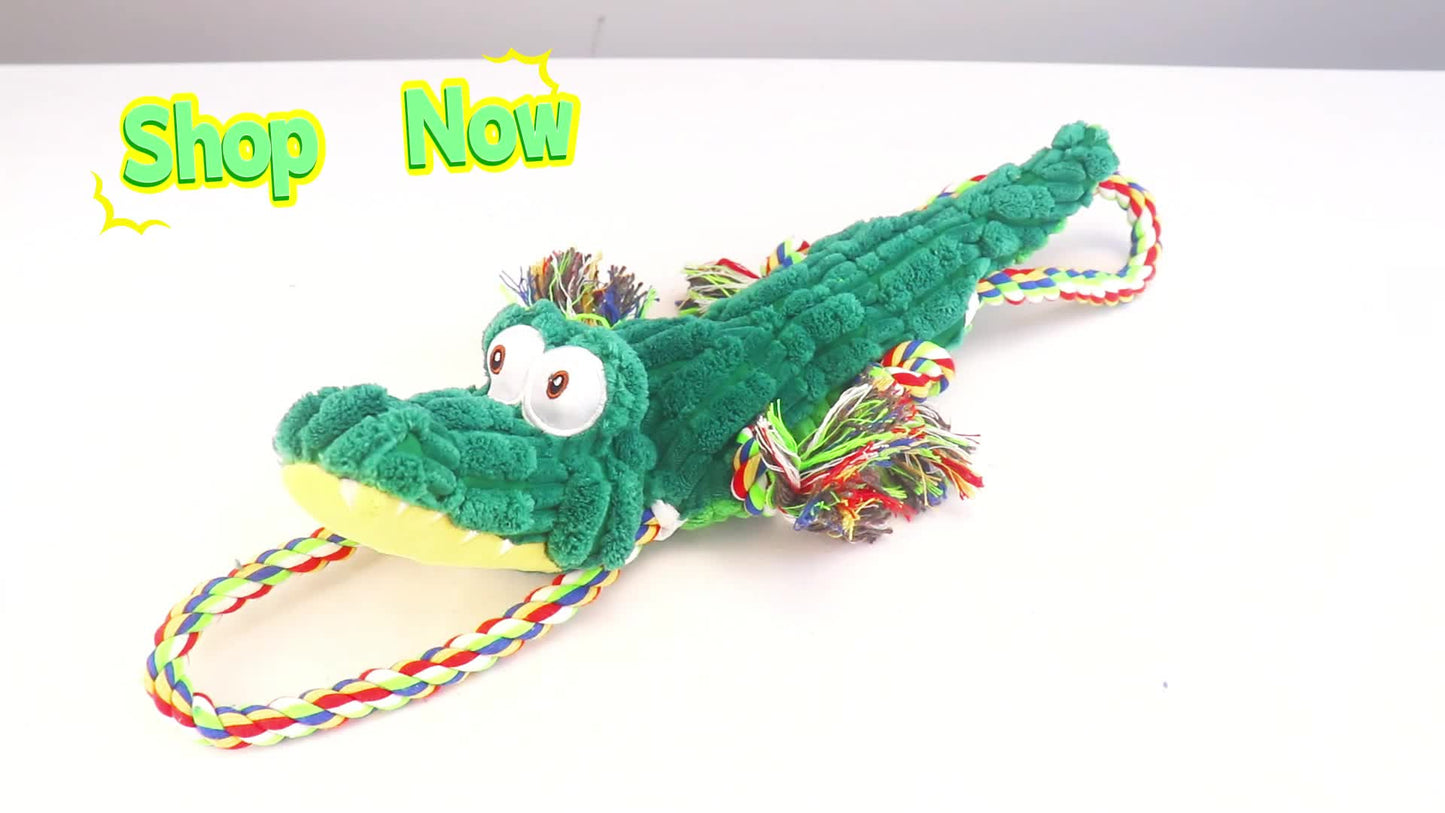 Crocodile Squeaky Dog Chew Toy with Built-In Squeaker – Durable Cotton Rope & Canvas Tug Toy for Small Medium Large Dogs, Teeth Cleaning, Interactive Tug-of-War, Aggressive Chewer Safe