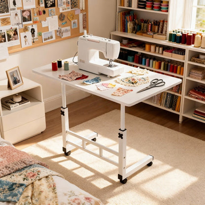 Mobile Craft Table with Adjustable Height & 4 Silent 360° Wheels - Rolling Storage Organizer with Double Shelves for Sewing, Knitting & Crafts, Bedroom & Living Room Use, Available in Black & White