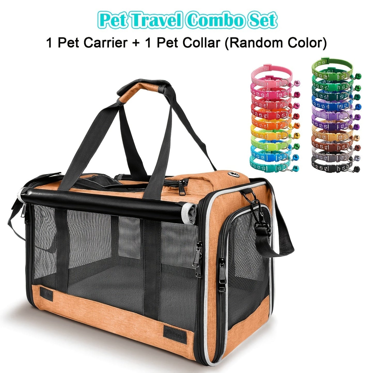 Airline Approved Pet Carrier Soft Sided – Breathable Collapsible Travel Bag for Cats & Small Dogs with Accessories Bundle Collar Bowls or Pet Glove 10 Colors Pink Blue Black Gray Navy Green Orange