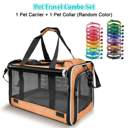 Airline Approved Pet Carrier Soft Sided – Breathable Collapsible Travel Bag for Cats & Small Dogs with Accessories Bundle Collar Bowls or Pet Glove 10 Colors Pink Blue Black Gray Navy Green Orange