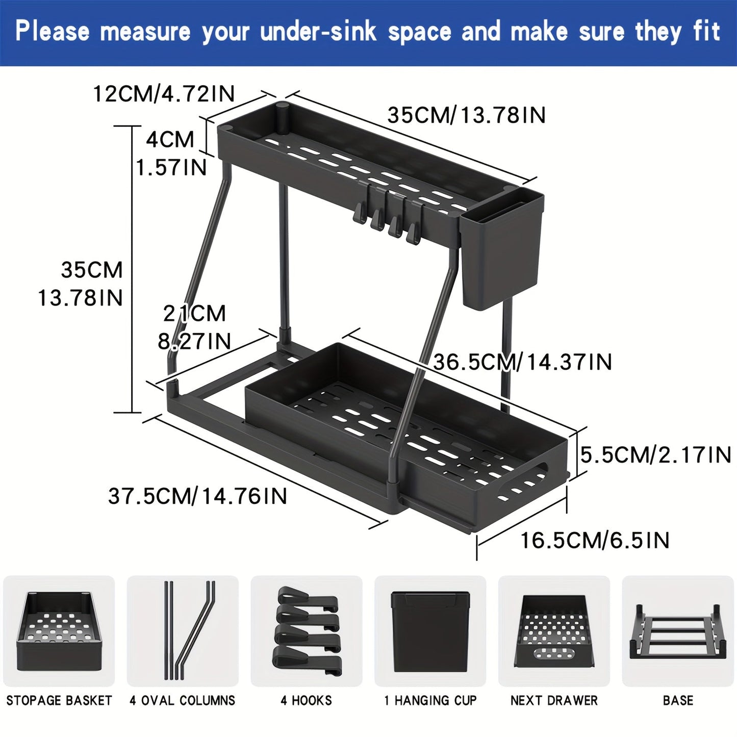Under Sink Organizer 2-Pack with Sliding Drawer Shelves – Pull-Out Cabinet Storage Rack for Bathroom, Kitchen, Pantry & Vanity, Durable Metal Frame, Space-Saving Organization, Black or White