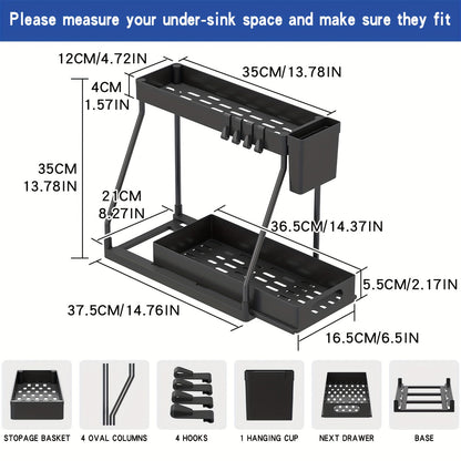 Under Sink Organizer 2-Pack with Sliding Drawer Shelves – Pull-Out Cabinet Storage Rack for Bathroom, Kitchen, Pantry & Vanity, Durable Metal Frame, Space-Saving Organization, Black or White