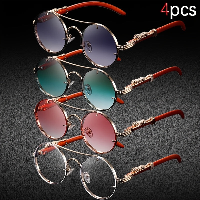 4PCS Punk Rock Round Glasses with Leopard Print Hinges & Tortoiseshell Accents – Retro Metal Frame PC Lenses, Unisex Fashion Eyewear for Parties, Photos & Casual Wear