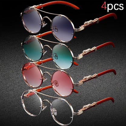 4PCS Punk Rock Round Glasses with Leopard Print Hinges & Tortoiseshell Accents – Retro Metal Frame PC Lenses, Unisex Fashion Eyewear for Parties, Photos & Casual Wear
