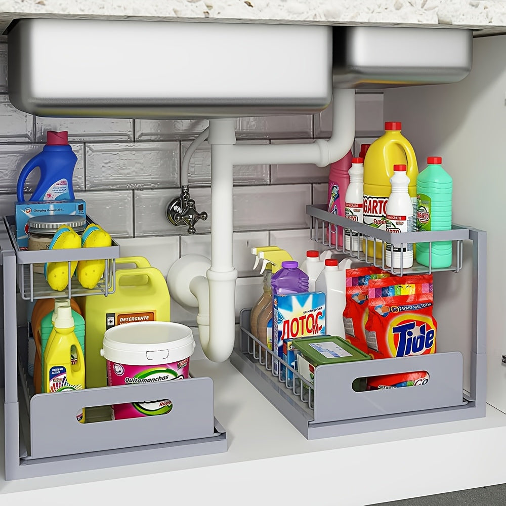 Metal Under Sink Organizer Pull Out Storage Shelf with Sliding Drawer - Under Sink Cabinet Organizer for Kitchen & Bathroom, Adjustable 2-Tier Rack, 1-Pack or 2-Pack