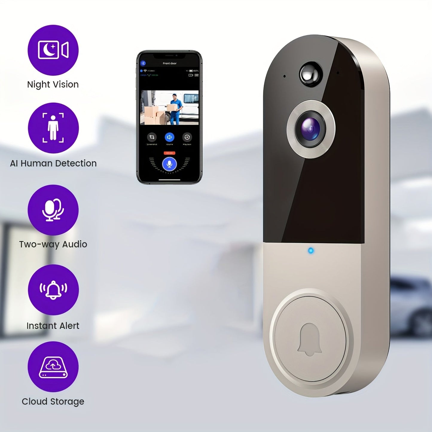 Wireless Doorbell Security Camera 1080P HD | 166° Panoramic View, Auto Tracking, Night Vision, Spotlight, Two-Way Audio, Person & Vehicle Detection, 2.4G WiFi – 1pc or 2pcs