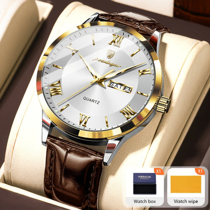 POEDAGAR Men's Quartz Watch Waterproof Luminous Dial Calendar Week Display – Casual Sports Analog Wristwatch Alloy Case 11 Colors Silver Gold Black Blue Gift for Men