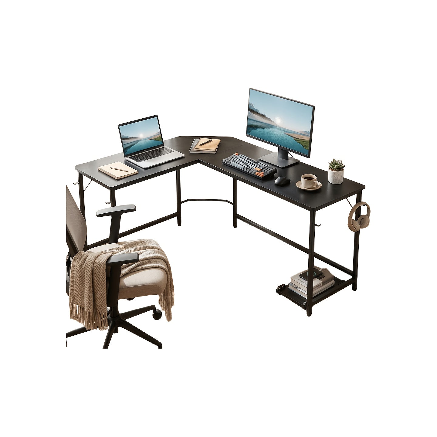 L-Shaped Corner Desk 50 Inch – Gaming & Home Office Computer Desk with CPU Stand, Side Bag & Wooden Desktop, Reversible PC Writing Study Table for Home Office, Dorm & Small Spaces