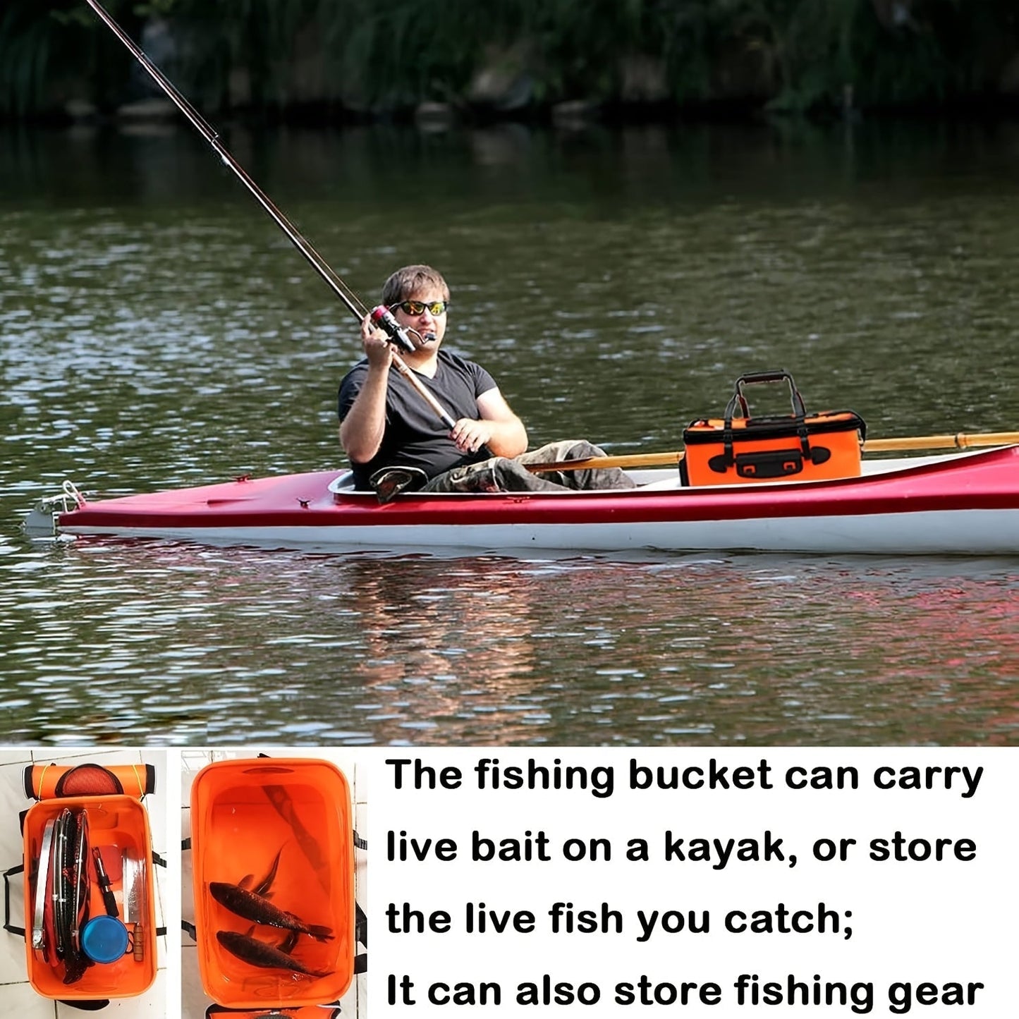 25L Foldable Fishing Bucket Collapsible EVA Live Fish Bait Container – Portable Multifunctional Outdoor Fish Keeper Bag for Carp & Freshwater Fishing, Gift for Men (Blue/Orange)