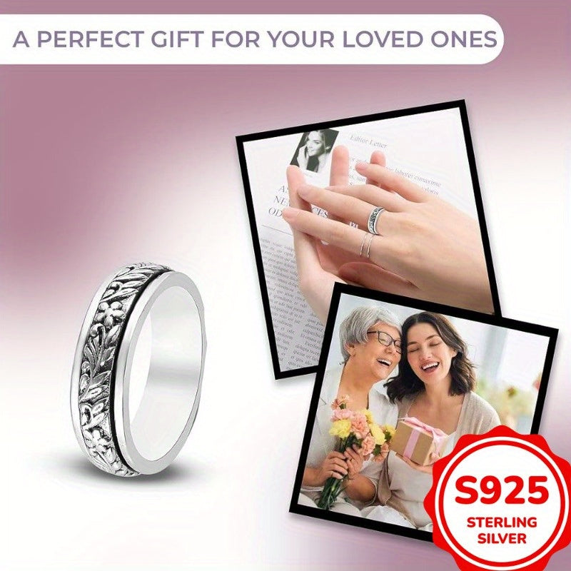 925 Sterling Silver Vintage Carved Leaf & Flower Wide Ring for Women – Elegant Boho Nature-Inspired Statement Band, Hypoallergenic Silver Jewelry Sizes 6-10 for Daily Wear Vacation Summer Gift
