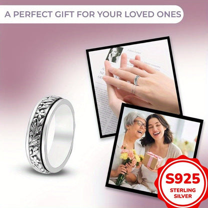 925 Sterling Silver Vintage Carved Leaf & Flower Wide Ring for Women – Elegant Boho Nature-Inspired Statement Band, Hypoallergenic Silver Jewelry Sizes 6-10 for Daily Wear Vacation Summer Gift