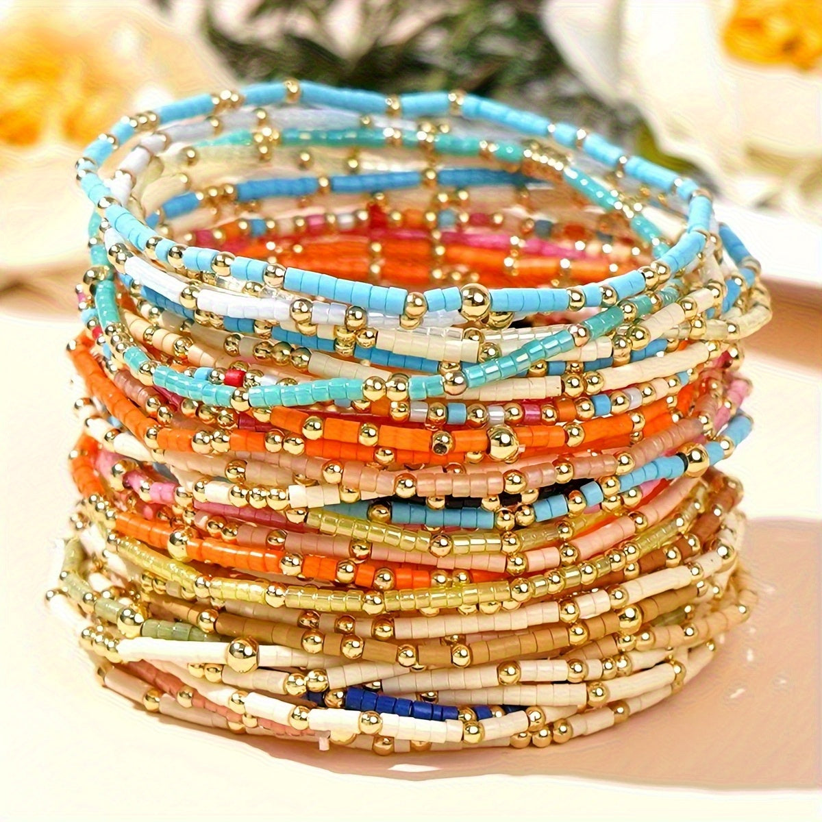 60pcs Bohemian Seed Bead Elastic Bracelets for Women – Multicolor Stackable Boho Stretch Bracelet Set, DIY Jewelry Making, Casual & Festival Wear, Random Bead Colors