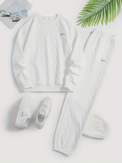 Women's 2-Piece Pullover Sweatsuit Set – Textured Jacquard Crewneck Long Sleeve Top & Sweatpants Tracksuit Breathable Casual Loungewear for Spring Summer S-XXL