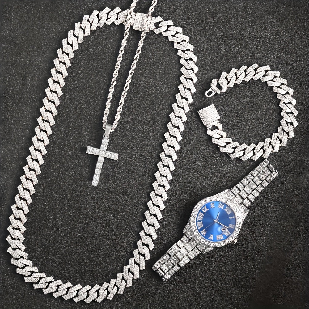 4pcs Rhinestone Watch & Cross Pendant Jewelry Set Quartz Analog Wrist Watch Necklace Bracelet Earrings Unisex Gift for Him Her Wedding
