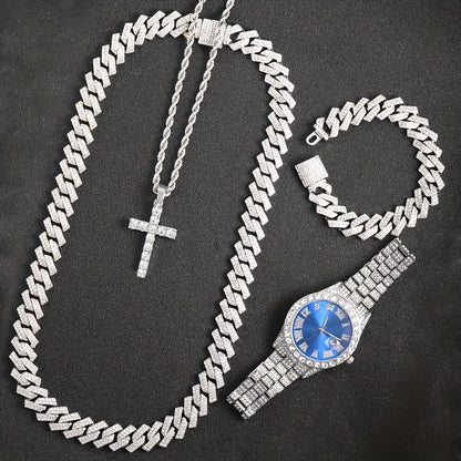 4pcs Rhinestone Watch & Cross Pendant Jewelry Set Quartz Analog Wrist Watch Necklace Bracelet Earrings Unisex Gift for Him Her Wedding