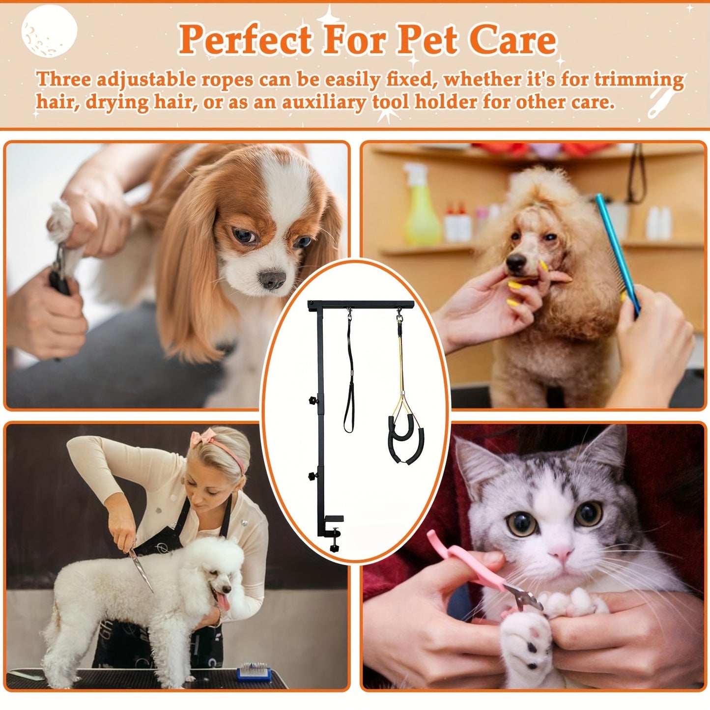 Dog Grooming Arm with Clamp 36 Inch – Adjustable Heavy-Duty Iron No-Sit Haunch Holder, 3-Section Design for Small & Medium Dogs and Cats, Includes Colorful Positioning Ropes, Professional Pet Grooming