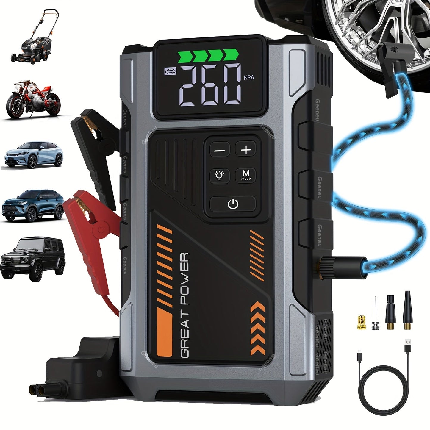 5000A Car Jump Starter with 150PSI Air Compressor – 12000mAh Portable Battery Booster Pack, Digital Tire Inflator, USB-C & USB-A, LED Emergency Light for 12V Gas & Diesel Engines