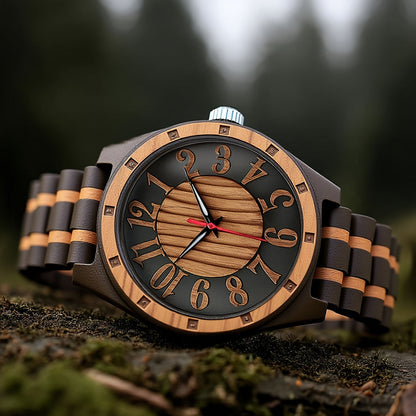 Natural Wood Watch for Men – Hollow Arabic Dial Quartz Wooden Timepiece, Handcrafted Unique Grain Wristwatch, Perfect Gift for Men, Boys, Fathers & Sons on Birthday or Father's Day