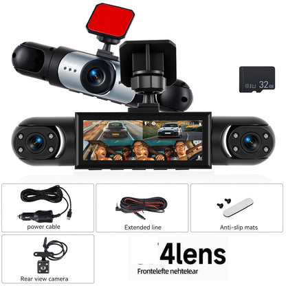 360° 4-Channel Dash Cam 1080P Full Coverage – Front 1080P + 720P Front/Rear/Left/Right, Night Vision WDR G-Sensor Loop Recording, Car Driving Recorder with Optional 32GB/64GB TF Card