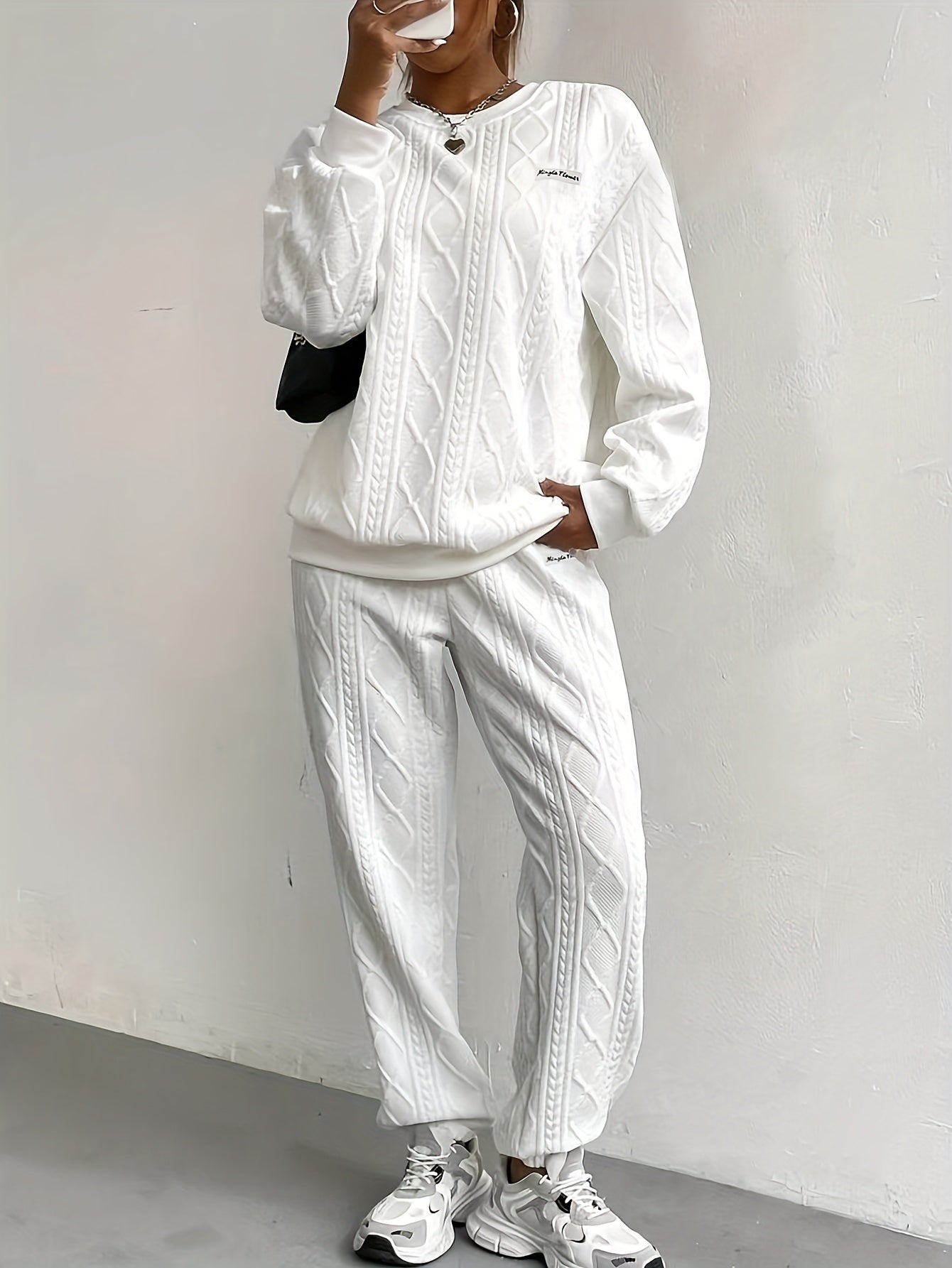 Women's 2-Piece Pullover Sweatsuit Set – Textured Jacquard Crewneck Long Sleeve Top & Sweatpants Tracksuit Breathable Casual Loungewear for Spring Summer S-XXL