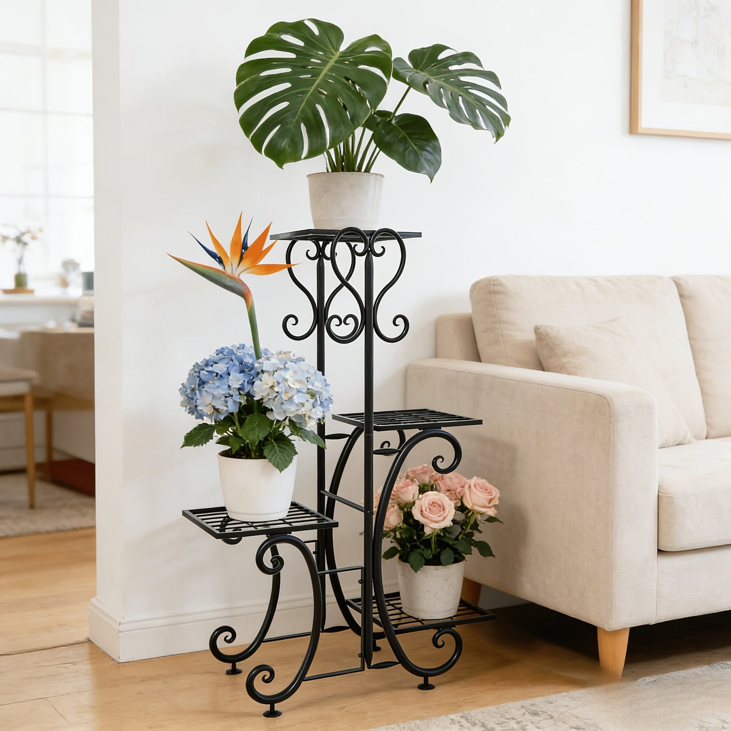 4 Tier Metal Plant Stand Indoor Outdoor Wrought Iron Corner Flower Pot Holder Display Rack Organizer for Garden Patio Balcony Lawn Office Planter Shelf Black